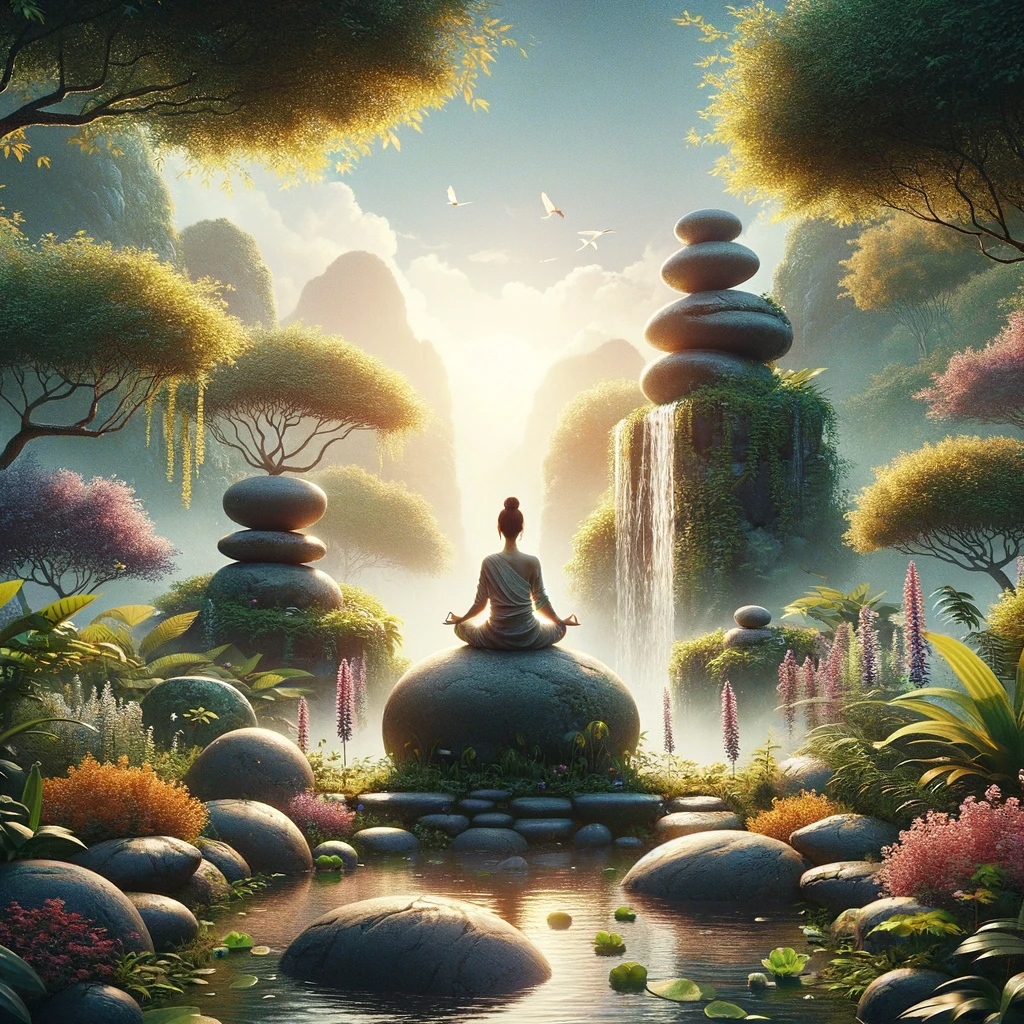 Uma cena tranquila e inspiradora que reflete o conceito de espiritualidade e paz interior. A imagem deve mostrar um ambiente sereno, talvez um jardim